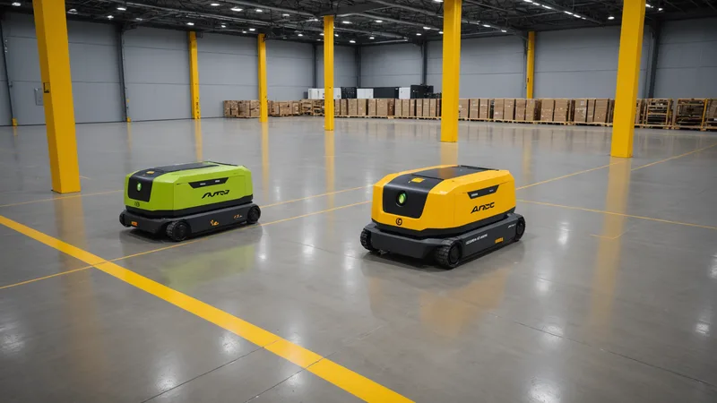 Close-up of two different robot types side by side on warehouse floor