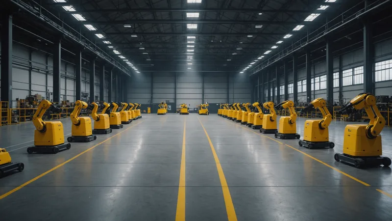 Empty warehouse floor with isolated idle robots suggesting an orchestration gap