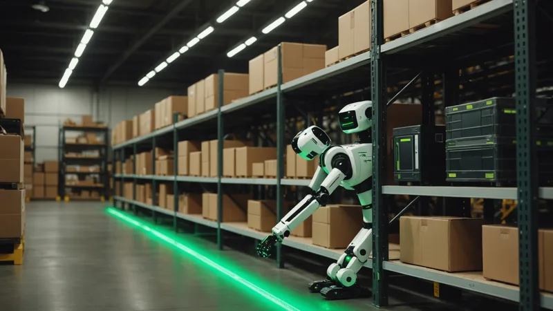 Warehouse shelf with pick-to-light indicators alongside an AMR robot