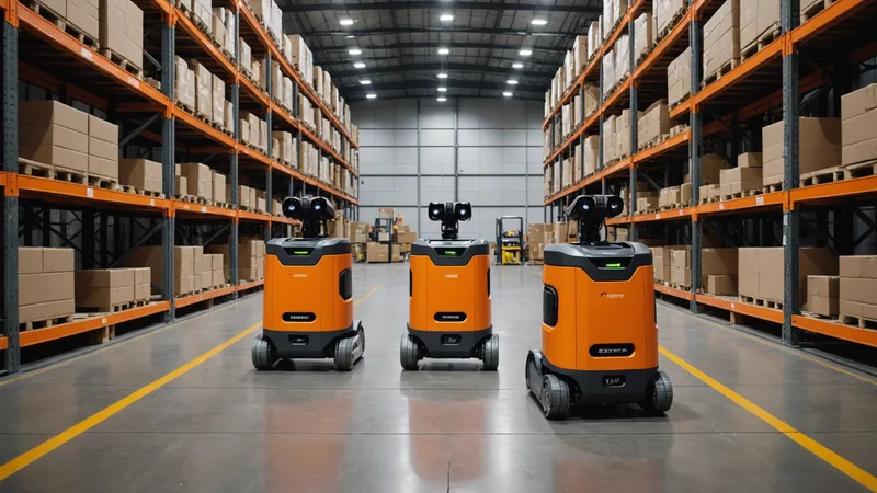 Multiple AMRs navigating warehouse aisles with visible path routing