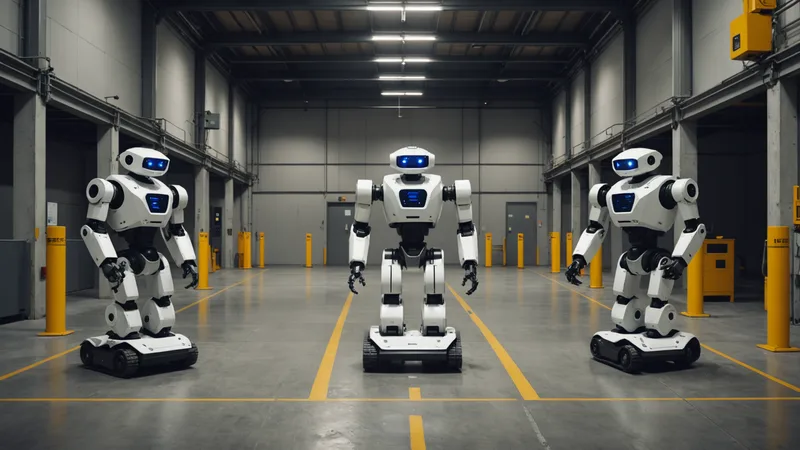 Three different robot types stationary in a warehouse aisle, unable to coordinate