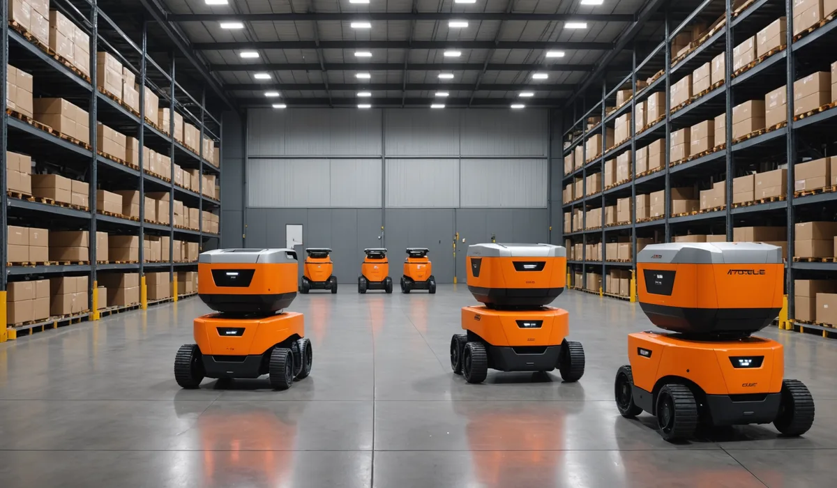 Multiple different autonomous mobile robots navigating a warehouse floor, showing fleet diversity
