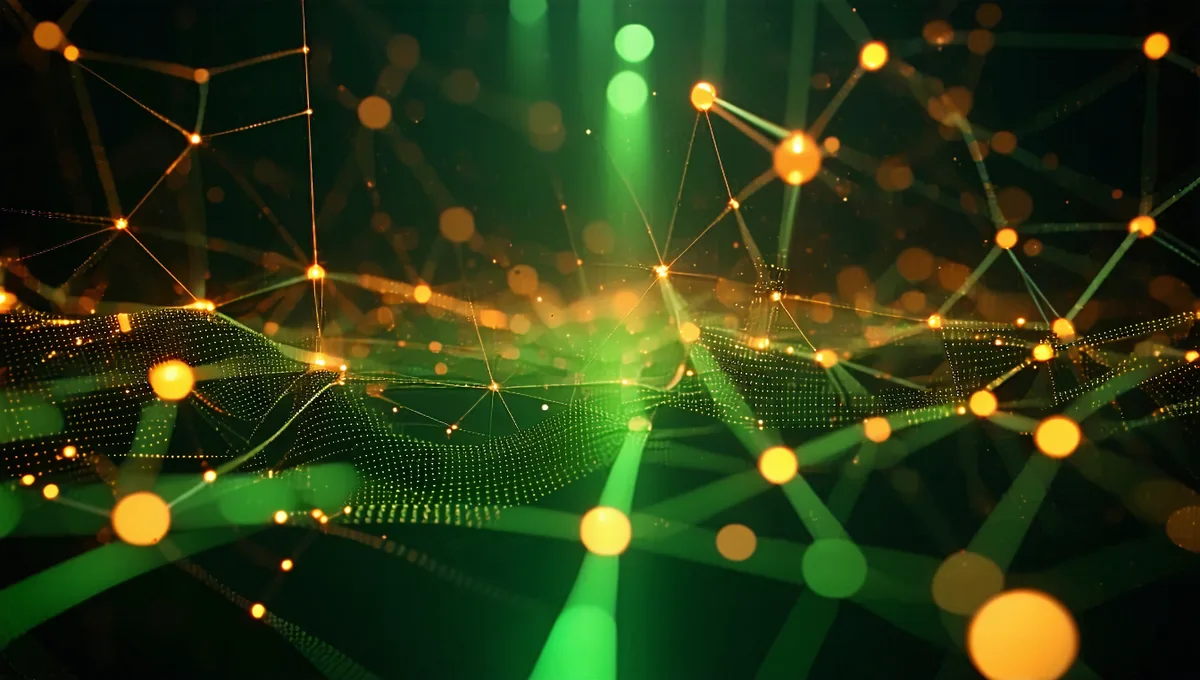 Abstract representation of real-time fleet dispatch data streams, amber and green data signals on dark background